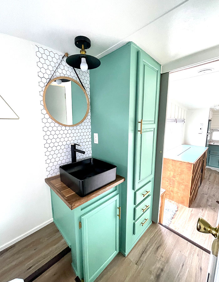 RV with colorful cabinets