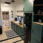 fifth wheel kitchen renovation with green cabinets