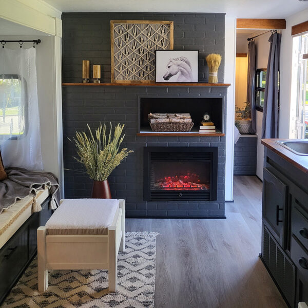 cozy rv interior with fireplace