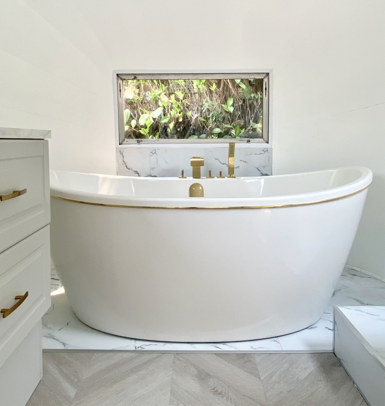 This luxury Airstream remodel includes a soaking bathtub