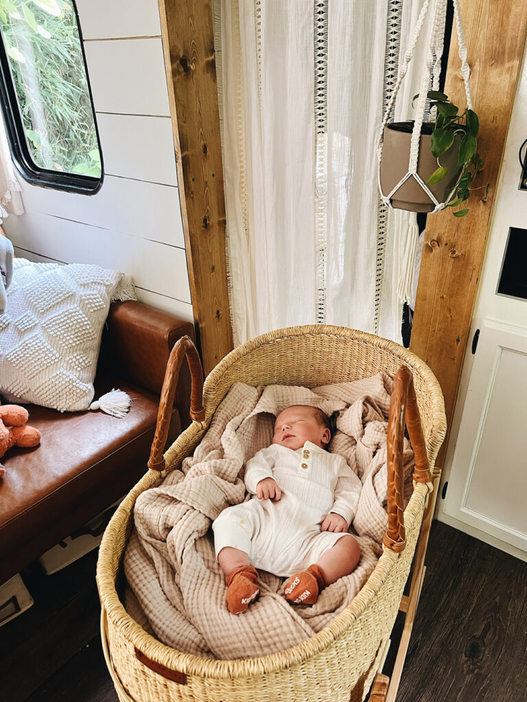 newborn in bilia bassinet inside RV