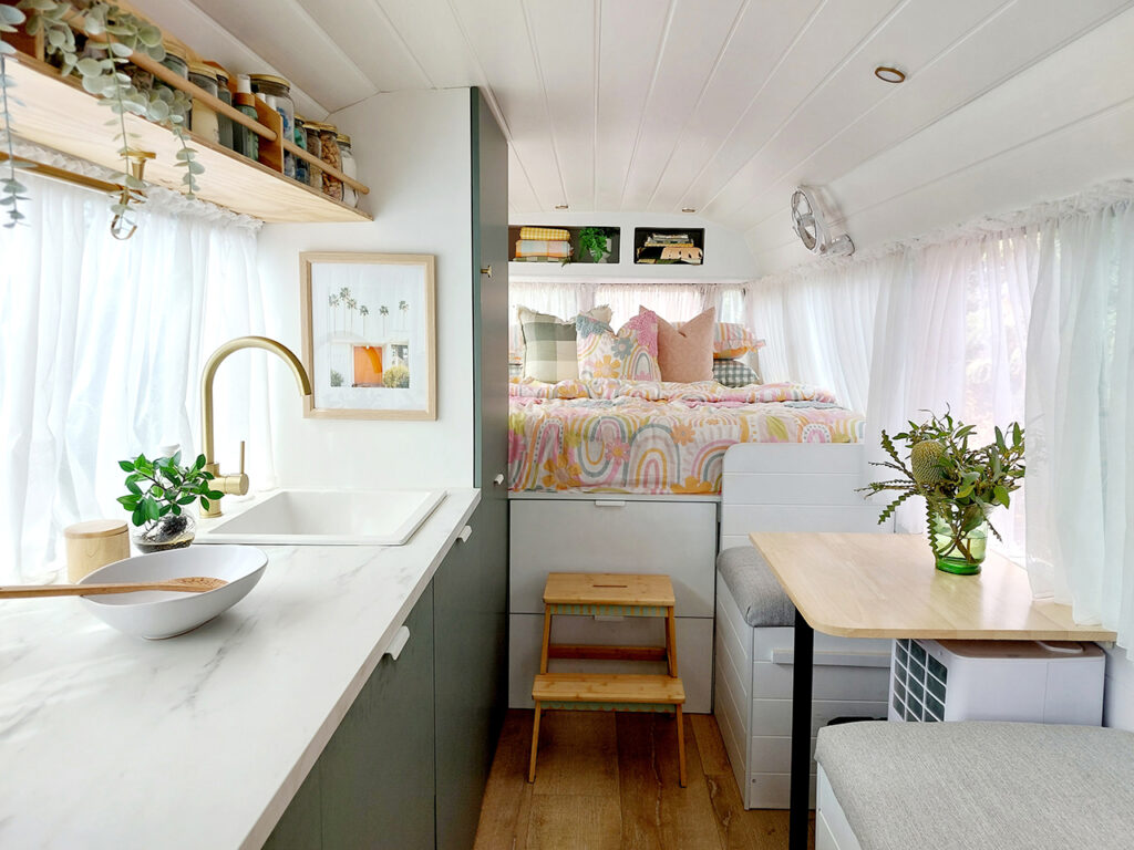 Toyota Coaster bus conversion with colorful interior