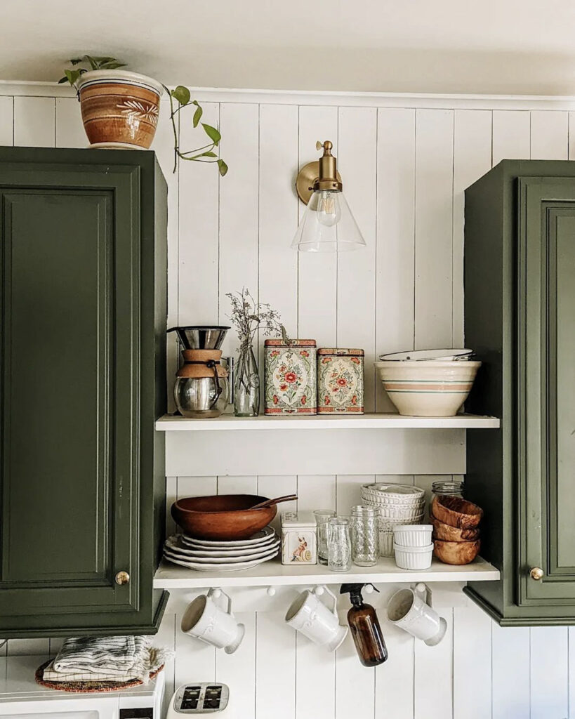 RV kitchen with open shelves